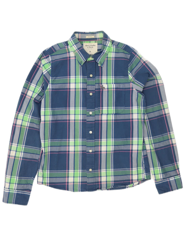 Camisa muscular masculina Abercrombie & Fitch XL azul xadrez algodão