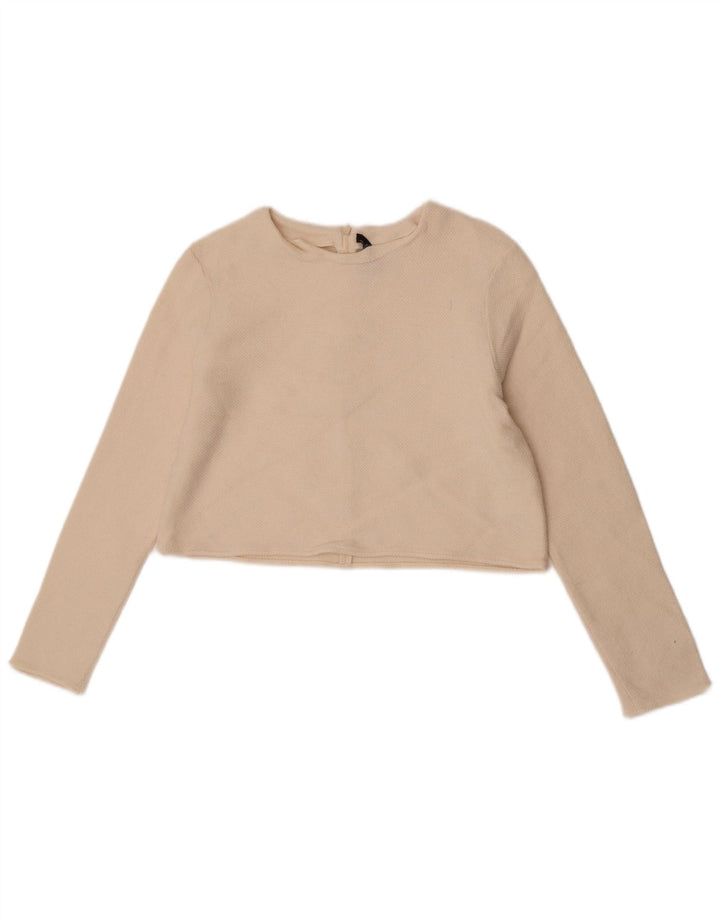 Zara Suéter feminino cropped com gola redonda Reino Unido 12 médio off white lã