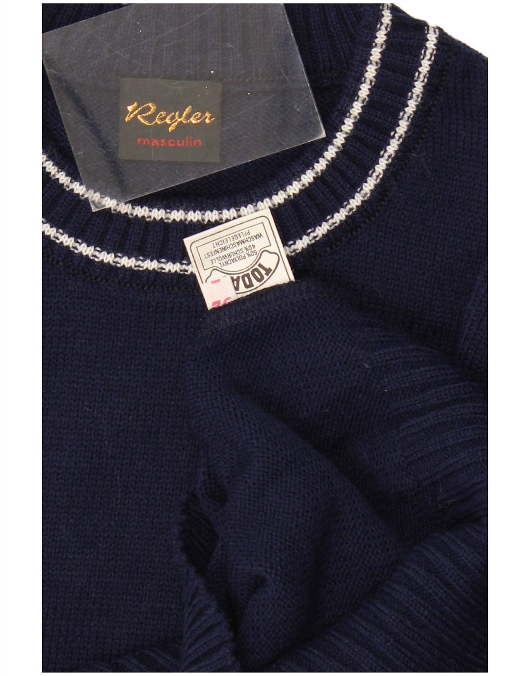 Suéter masculino VINTAGE com gola redonda IT 52 grande azul marinho poliacrílico