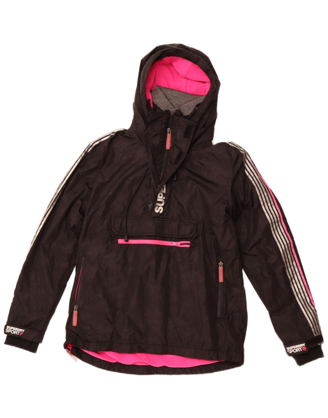 Jaqueta anorak feminina SUPERDRY com capuz gráfico Reino Unido 8 pequeno preto nylon