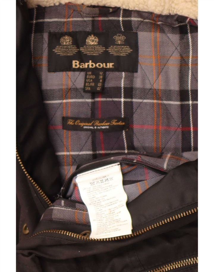 Jaqueta feminina de algodão encerado com capuz Barbour Reino Unido 12 médio preto