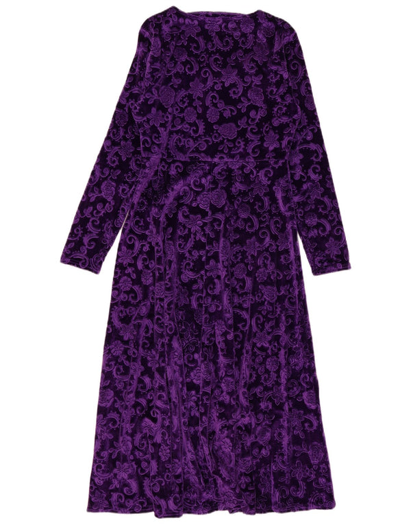 Vestido maxi de veludo feminino vintage Reino Unido 14 grande poliéster floral roxo