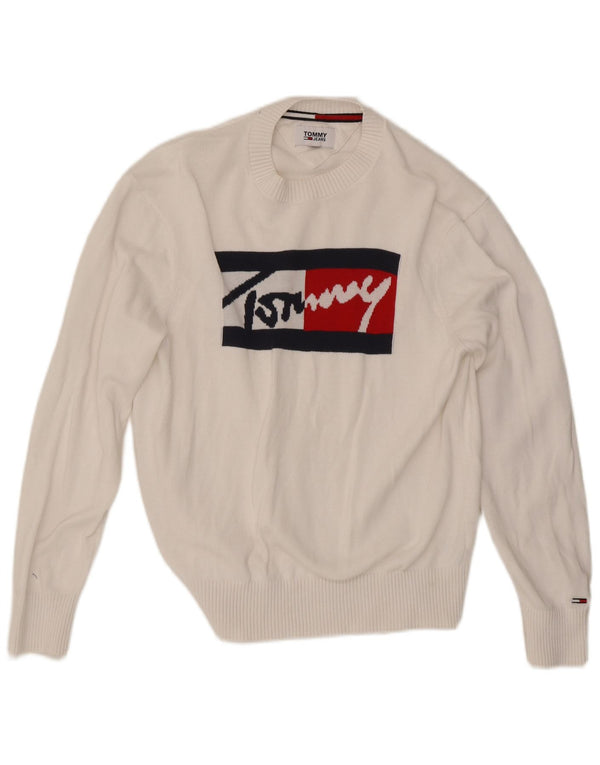 Suéter masculino Tommy Hilfiger com gola redonda e algodão branco pequeno