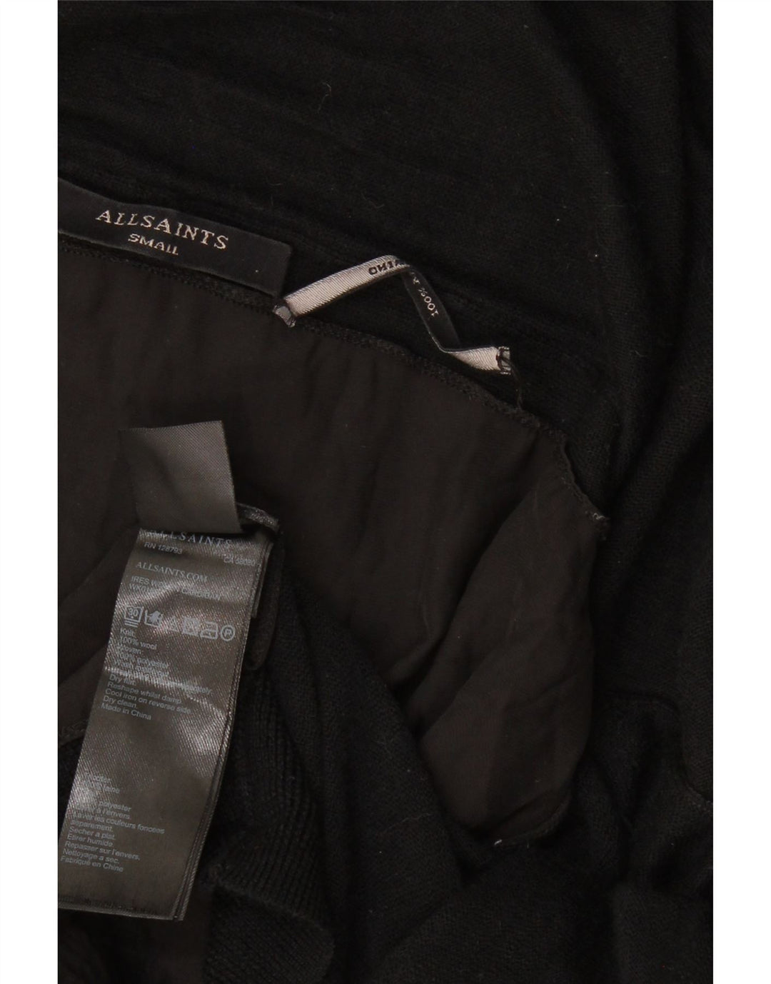 Suéter cardigã feminino assimétrico aberto ALL SAINTS Reino Unido 10 lã preta pequena
