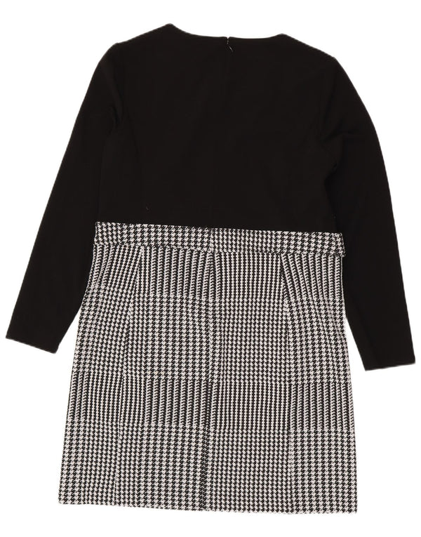 Vestido feminino Dkny de manga comprida com bainha US 14 XL preto Houndstooth clássico