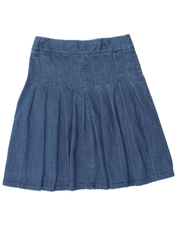 Saia jeans plissada feminina Laura Ashley UK 10 pequena W30 algodão azul