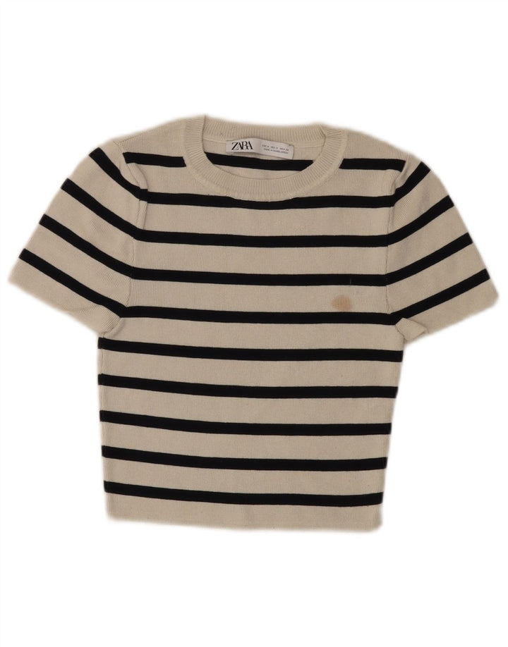 Zara Womens Crop Top UK 8 Pequeno Listrado Branco Viscose