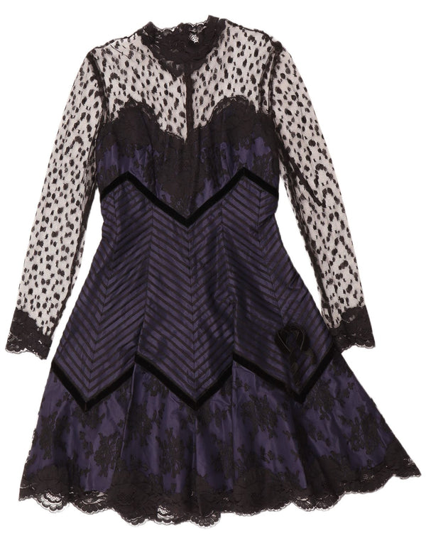 Vestido vintage feminino manga comprida linha A Reino Unido 10 pequeno azul marinho floral gótico