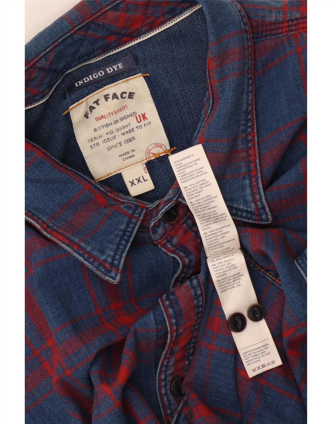 Camisa masculina índigo Fat Face 2XL algodão xadrez azul