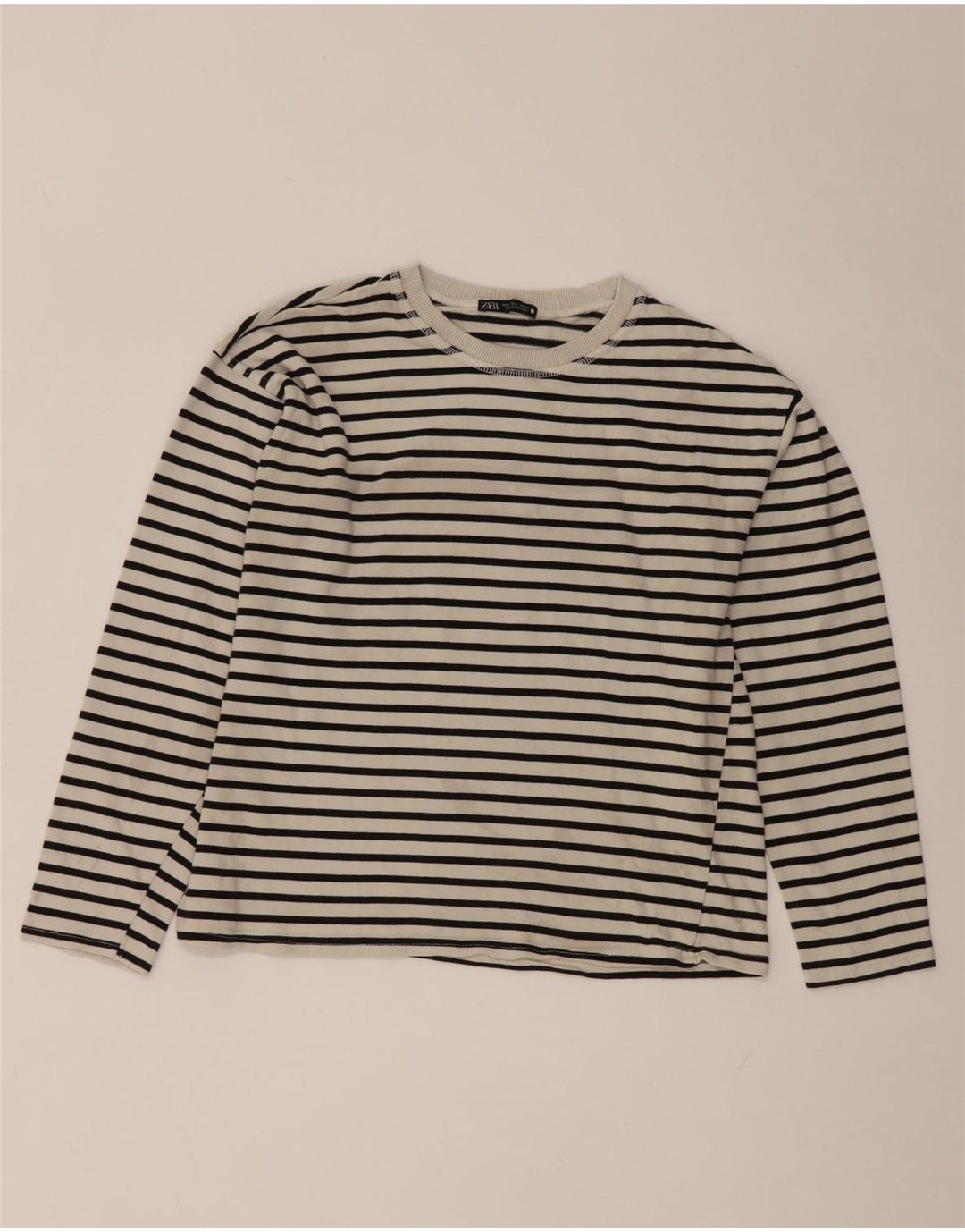 Top feminino Zara de manga comprida UK 10 listrado branco pequeno
