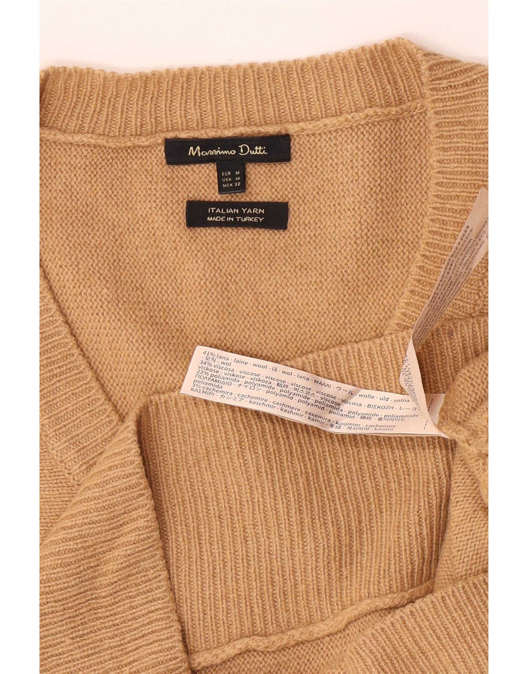 Suéter feminino Massimo Dutti com decote em V Reino Unido 14 lã bege médio