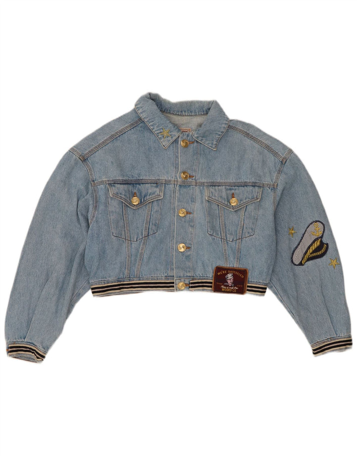 Jaqueta jeans feminina vintage com corte gráfico Reino Unido 14 algodão azul médio