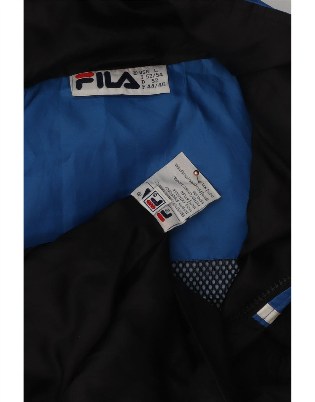 Jaqueta de chuva masculina Fila com capuz Reino Unido 40 grande bloco colorido azul marinho nylon