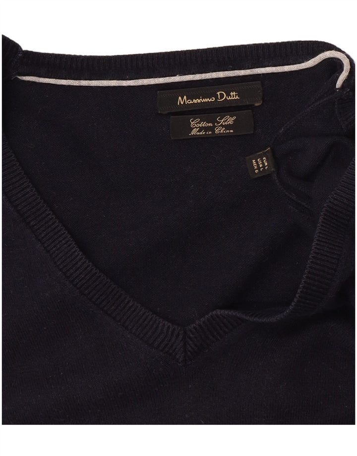 MASSIMO DUTTI Womens V-Neck Jumper Sweater UK 16 Large Navy Blue