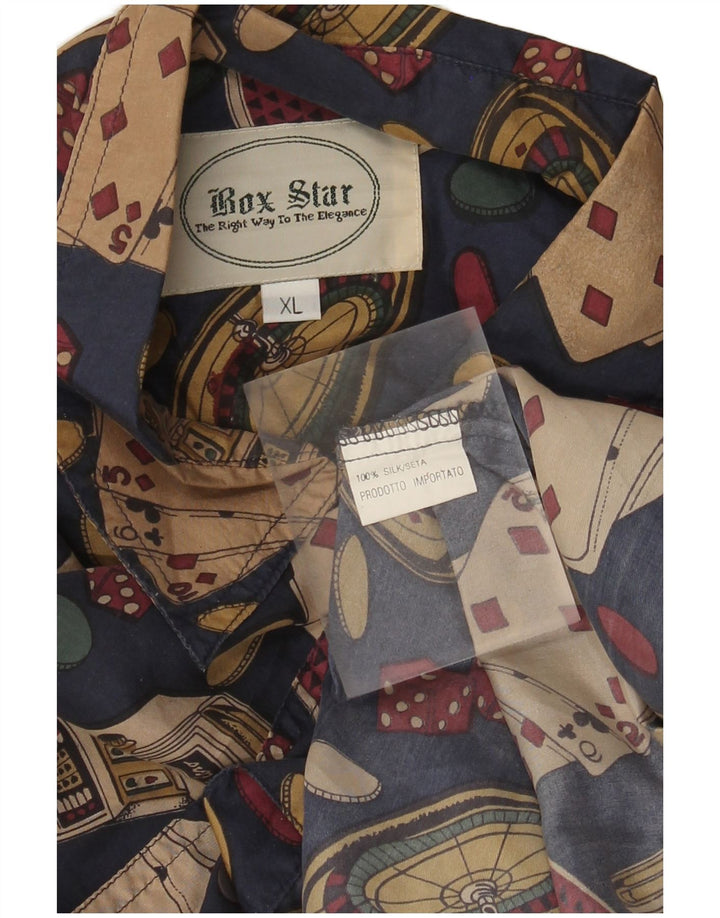 Camisa gráfica masculina vintage XL seda azul marinho