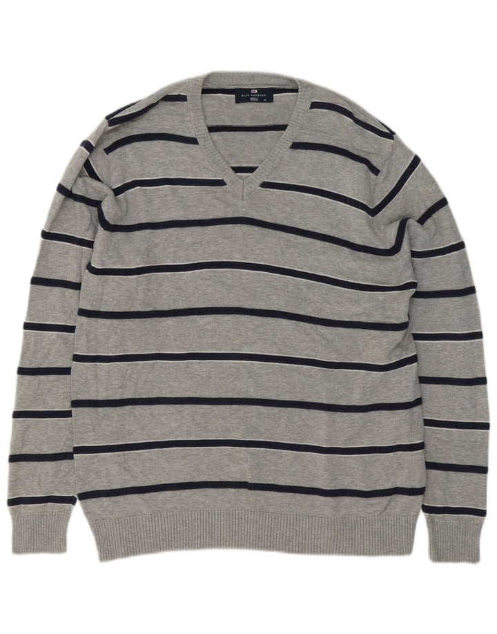 Suéter masculino Marks & Spencer Blue Harbor com decote em V listrado cinza médio