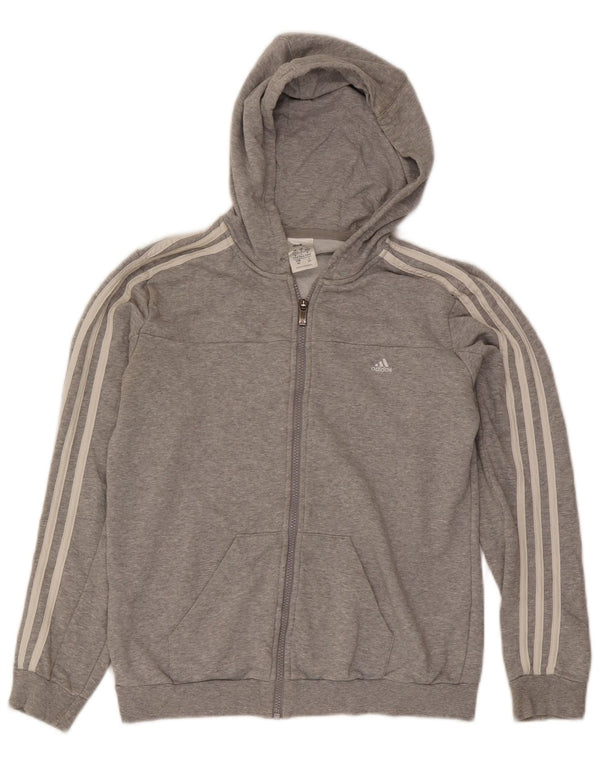 Suéter Adidas feminino com capuz e zíper Reino Unido 12/14 cinza médio algodão manchado