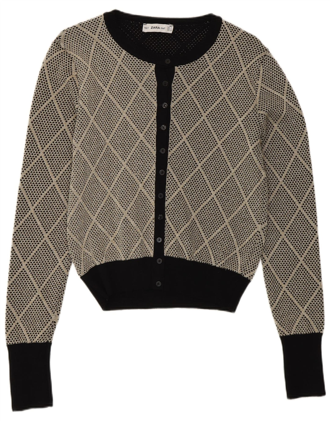 Suéter cardigã feminino Zara Reino Unido 10 pequeno cinza Argyle/Diamond Viscose
