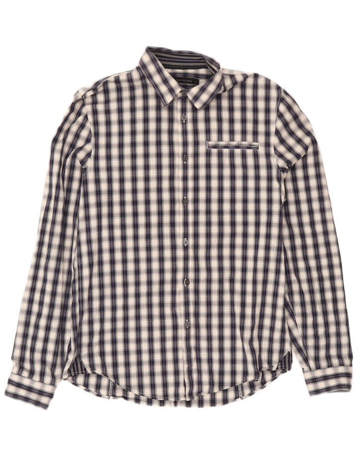 Calvin Klein Jeans Camiseta masculina gráfica grande algodão xadrez cinza