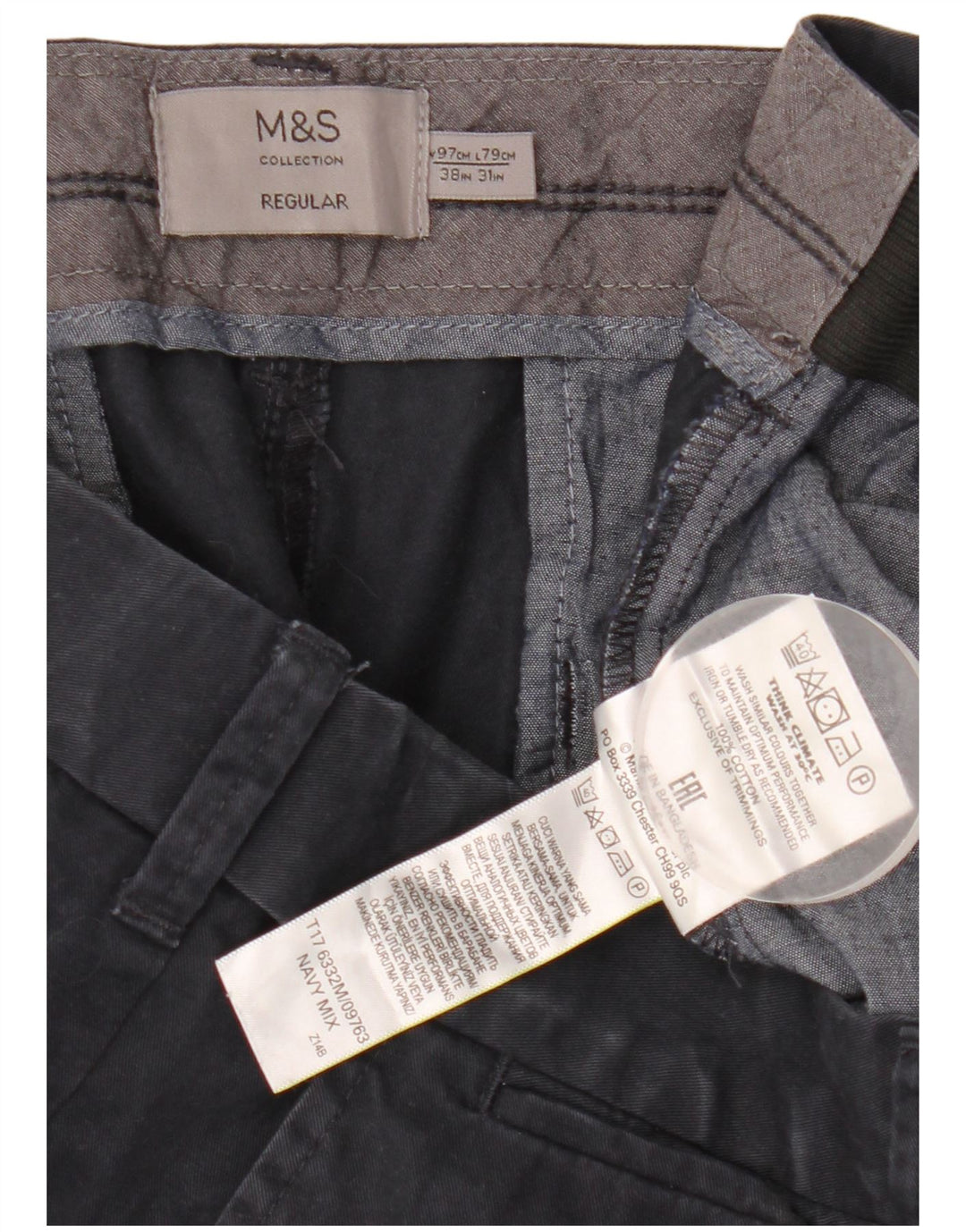 Calça chino masculina Marks & Spencer reta regular W38 L31 azul marinho