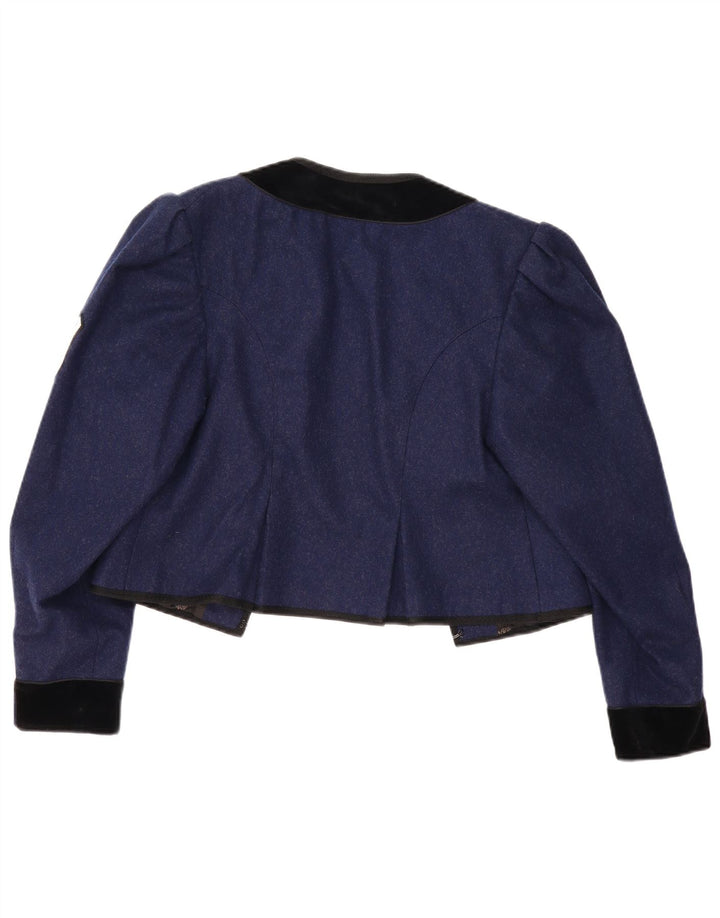 Jaqueta blazer feminina vintage Trachten Crop aberta Reino Unido 12 azul marinho médio
