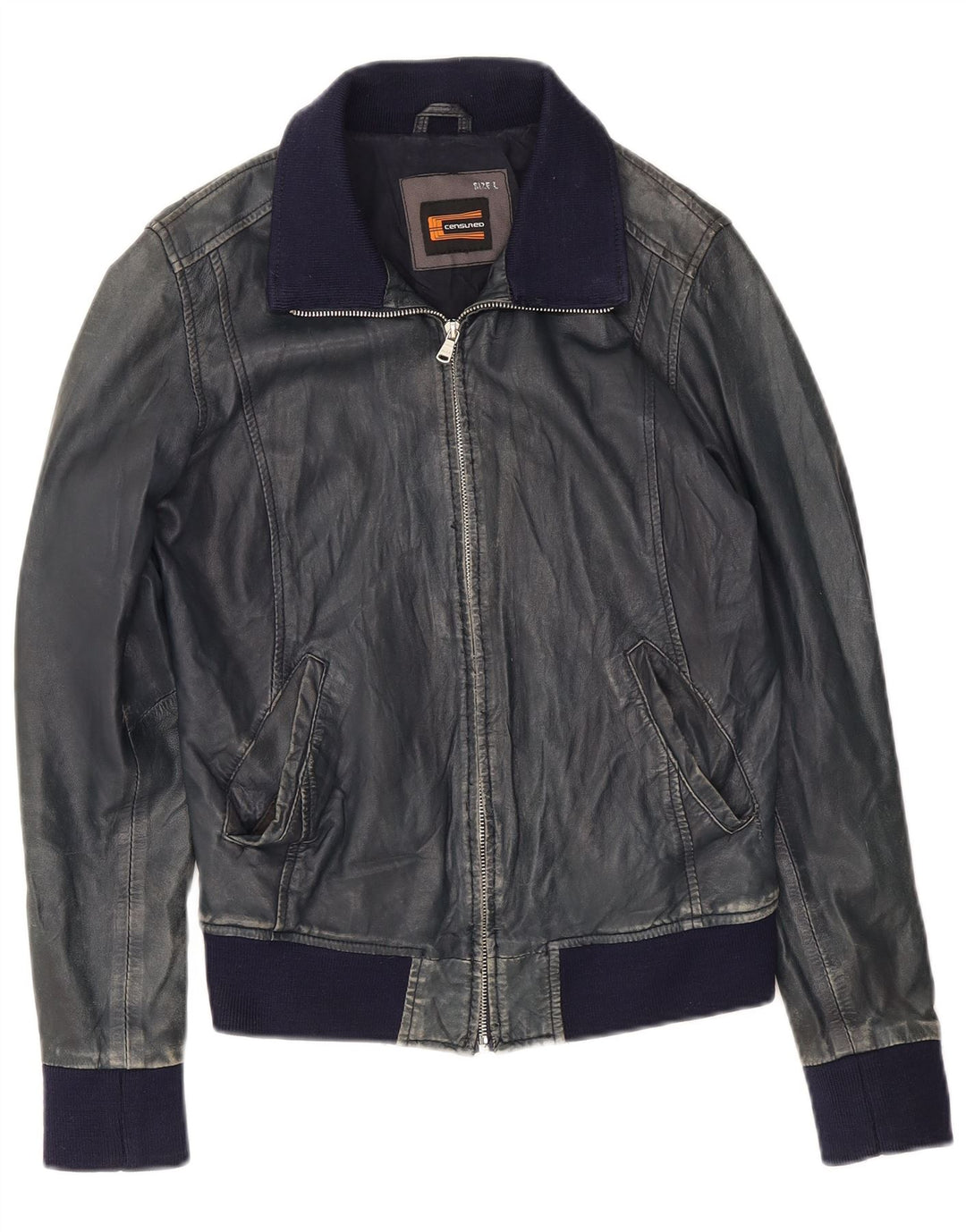 Jaqueta de couro bomber feminina censurada Reino Unido 14 grande couro azul marinho