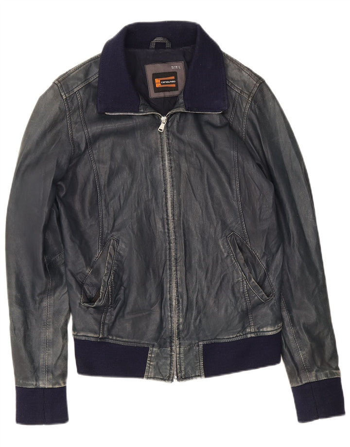 Jaqueta de couro bomber feminina censurada Reino Unido 14 grande couro azul marinho