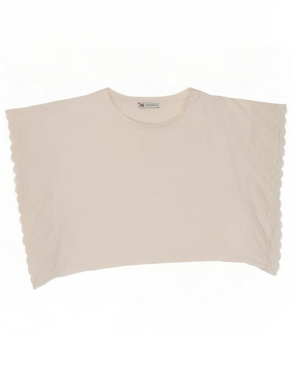 Camiseta feminina Zara Loose Fit Crop Top UK 10 Pequeno Algodão Branco