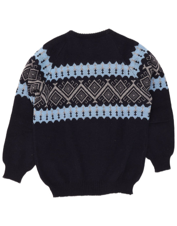 Suéter vintage masculino com gola redonda XL Azul marinho Fair Isle Acrílico