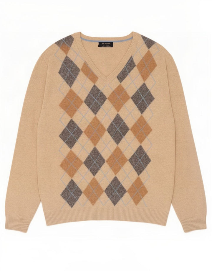 Suéter masculino Massimo Dutti com decote em V XL bege argyle/lã diamante