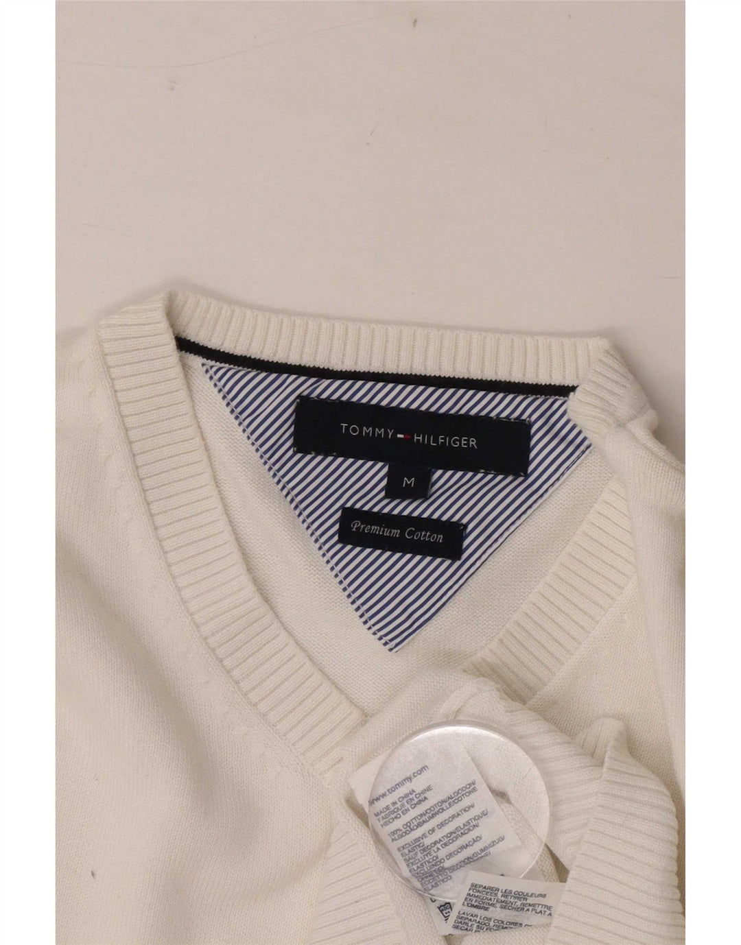 Suéter masculino Tommy Hilfiger com decote em V médio algodão branco