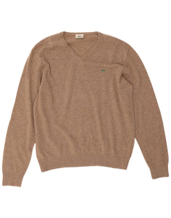 Suéter masculino Lacoste com decote em V tamanho 6 XL lã manchada bege