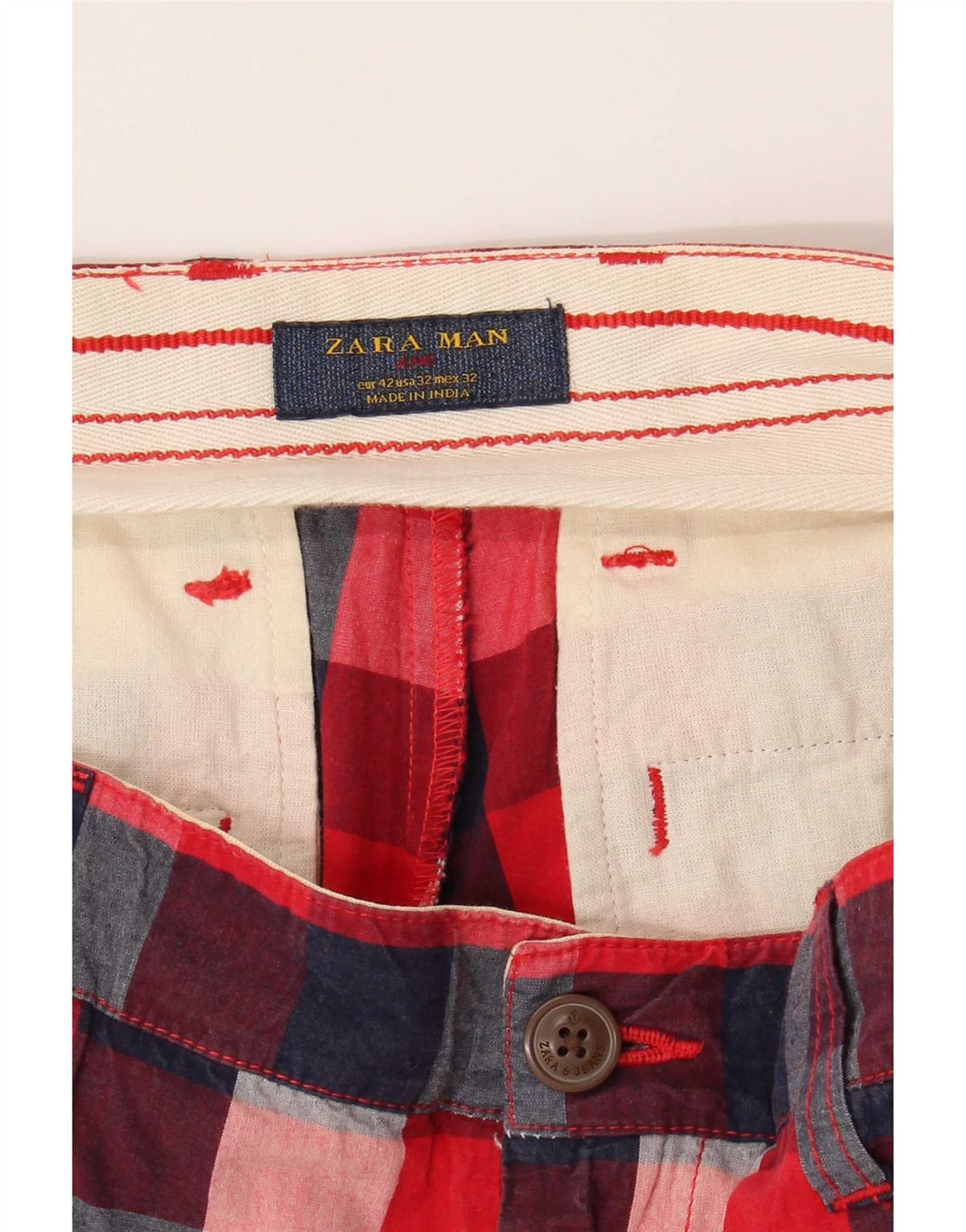 Zara Mens Chino Shorts EU 42 Grande W32 Vermelho Gingham