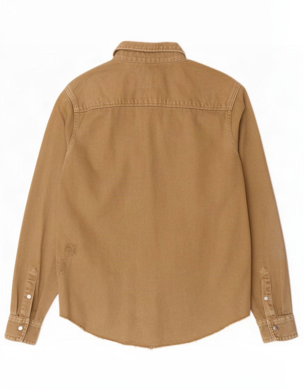 Zara Camisa jeans masculina desgastada de algodão marrom médio