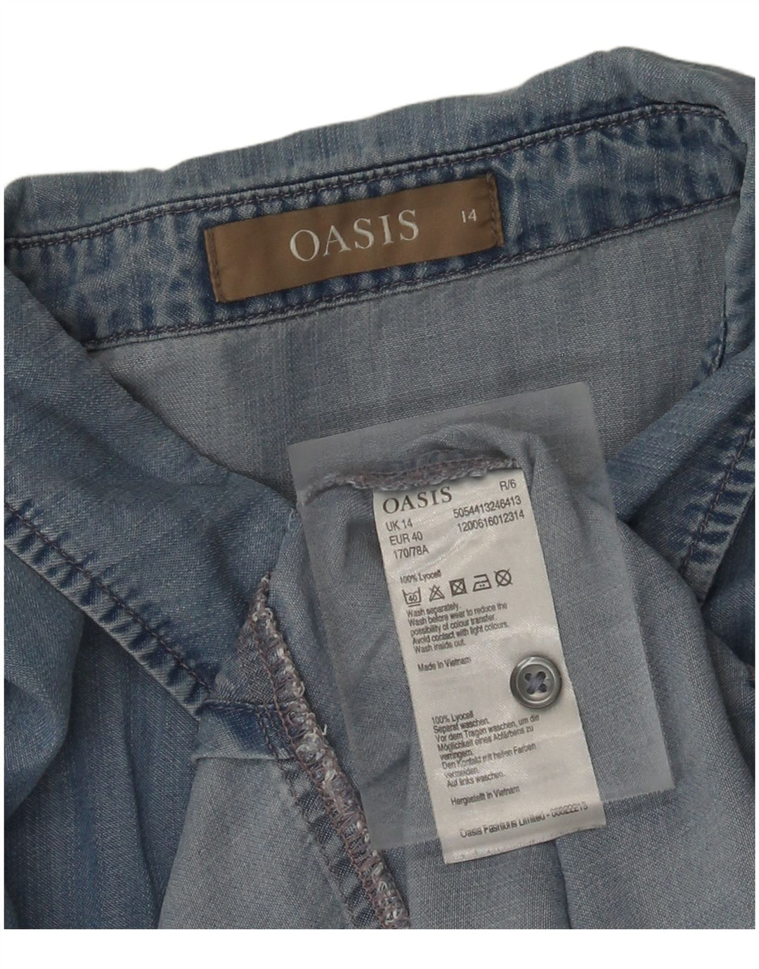 Camisa jeans feminina OASIS UK 14 grande azul Lyocell