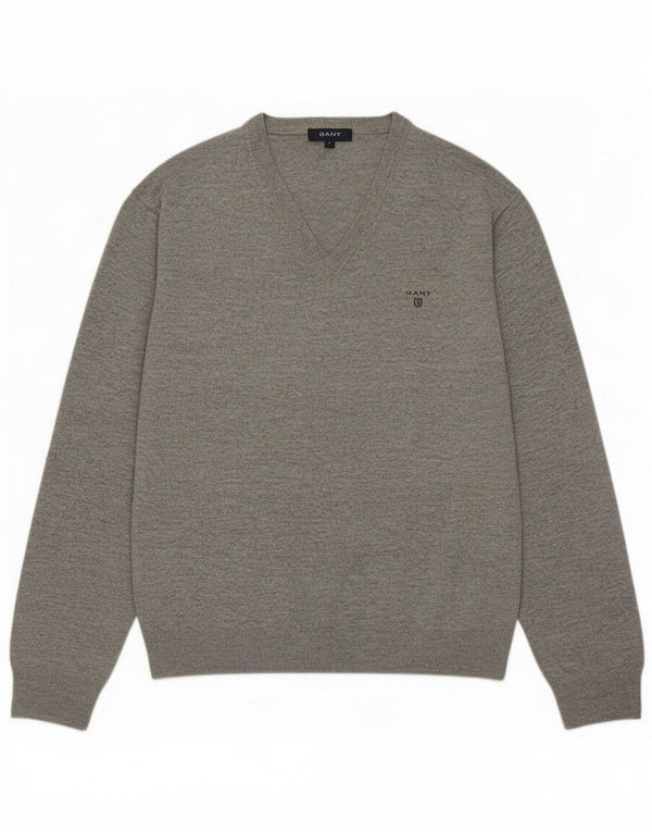 Gant Mens V-Neck Jumper Sweater Large Grey Lambswool