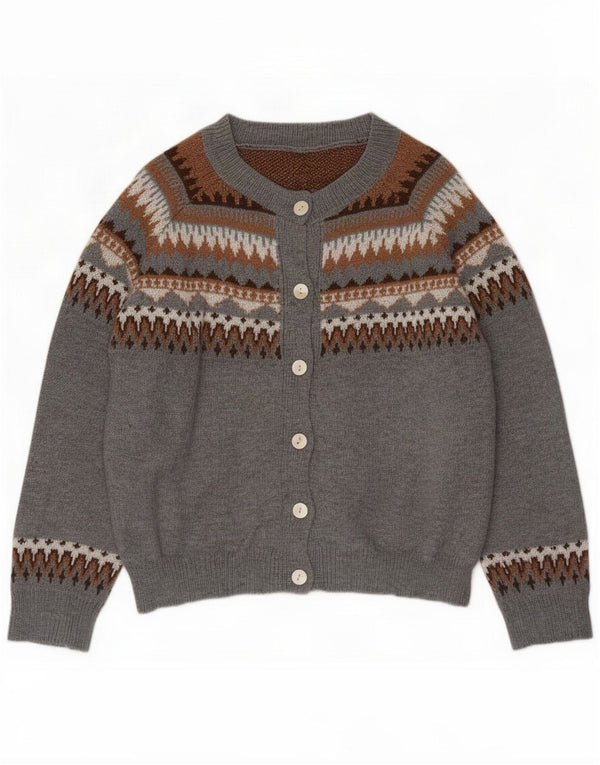 Suéter cardigã feminino vintage Reino Unido 16 grande cinza Fair Isle poliéster