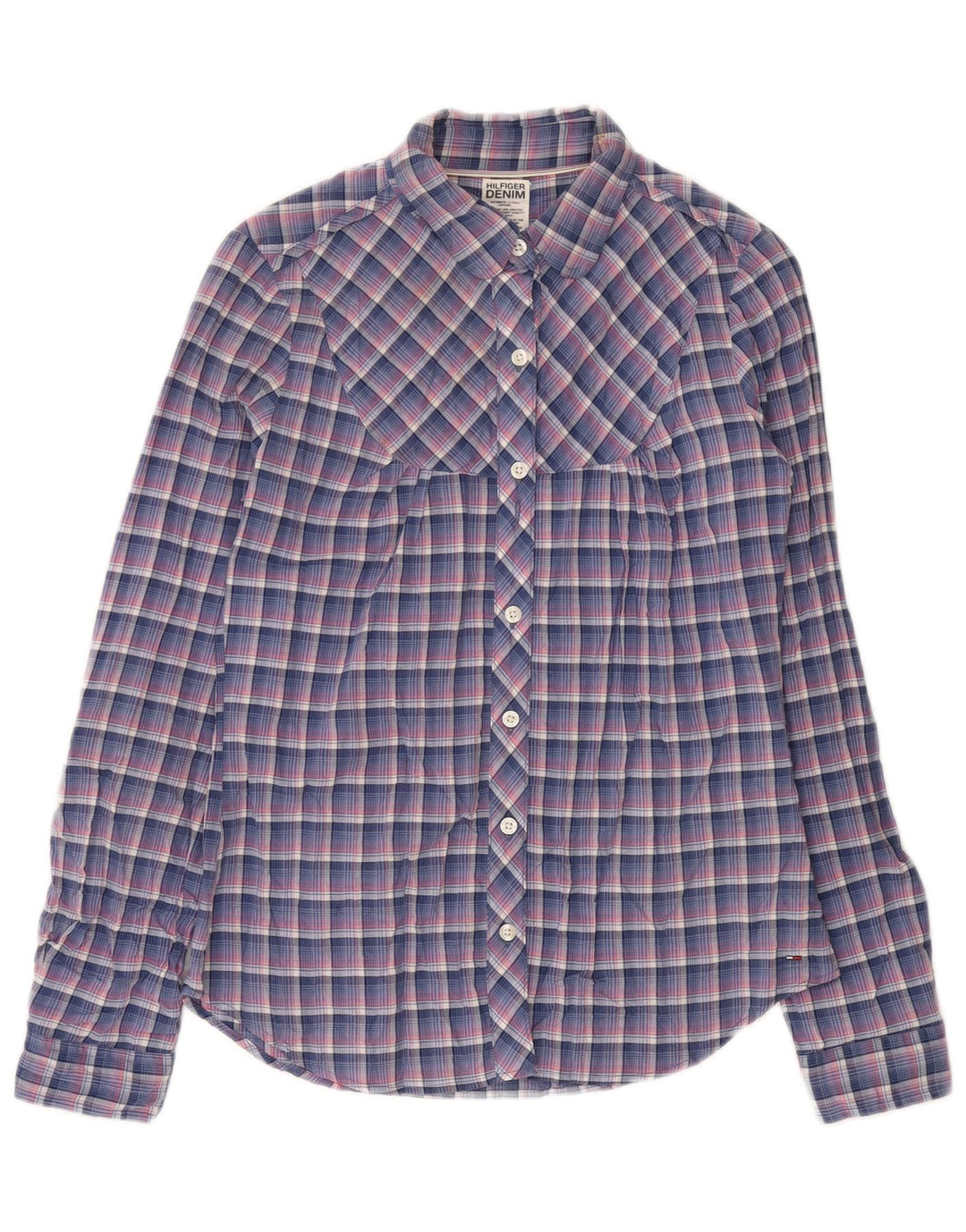 Camisa feminina Tommy Hilfiger UK 14 algodão xadrez azul médio