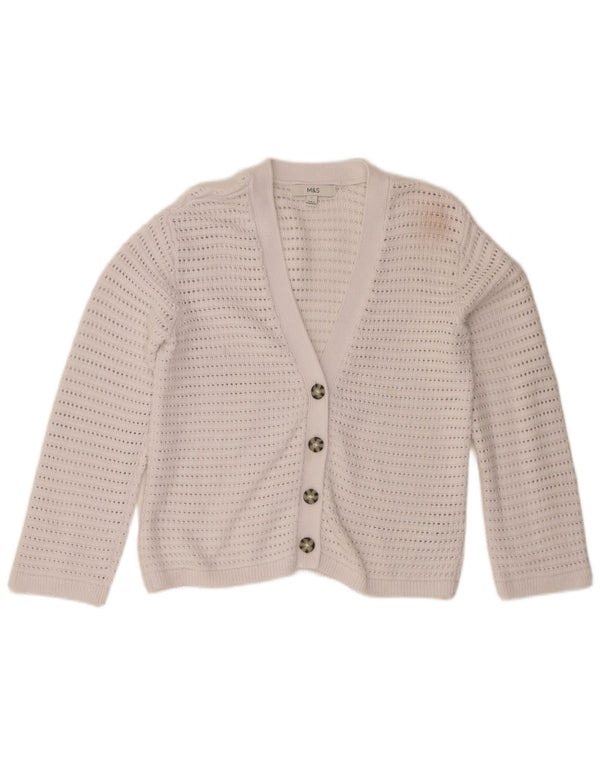 Suéter cardigã feminino de crochê Marks & Spencer Reino Unido 10 pequeno algodão branco