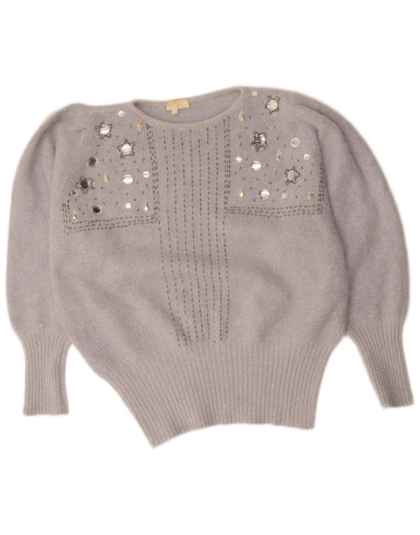 Suéter feminino vintage com gola canoa Reino Unido 18 XL cinza manchado angorá