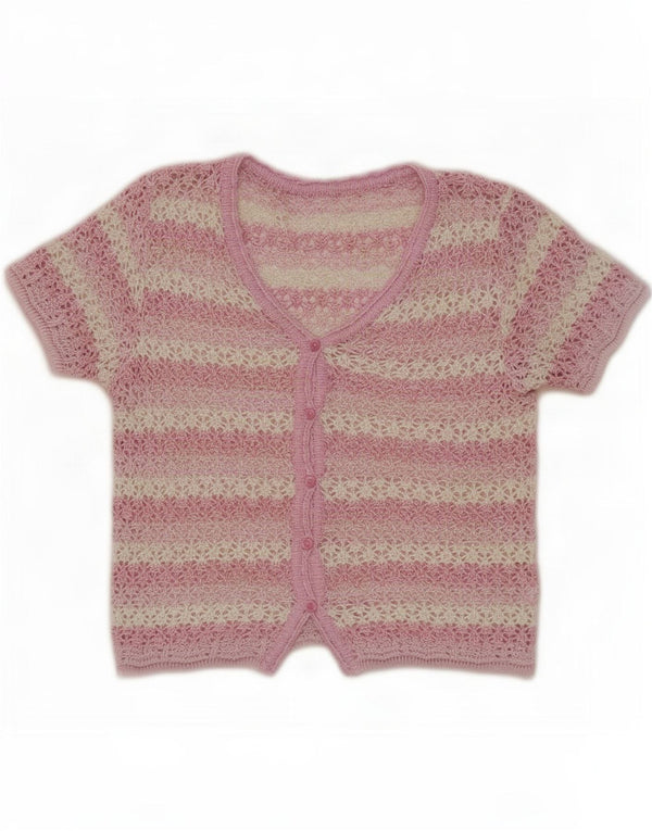 Suéter cardigã feminino vintage de manga curta UK 14 listrado rosa médio