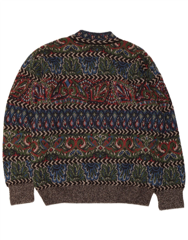 Suéter vintage masculino com gola de tartaruga, grande lã geométrica multicolorida