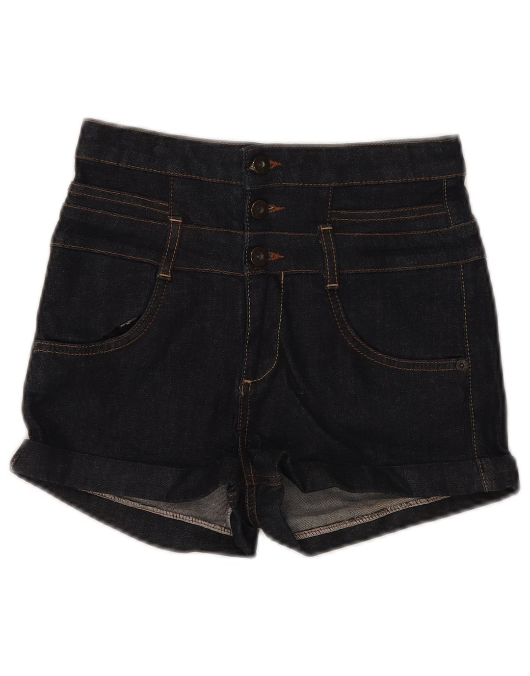 Shorts jeans feminino de cintura alta MOTO Reino Unido 10 pequeno W28 algodão azul marinho