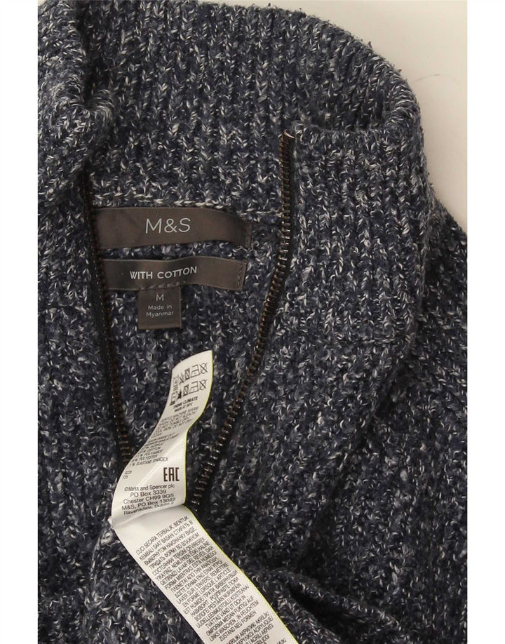 Suéter masculino Marks & Spencer com zíper e gola em acrílico manchado azul médio