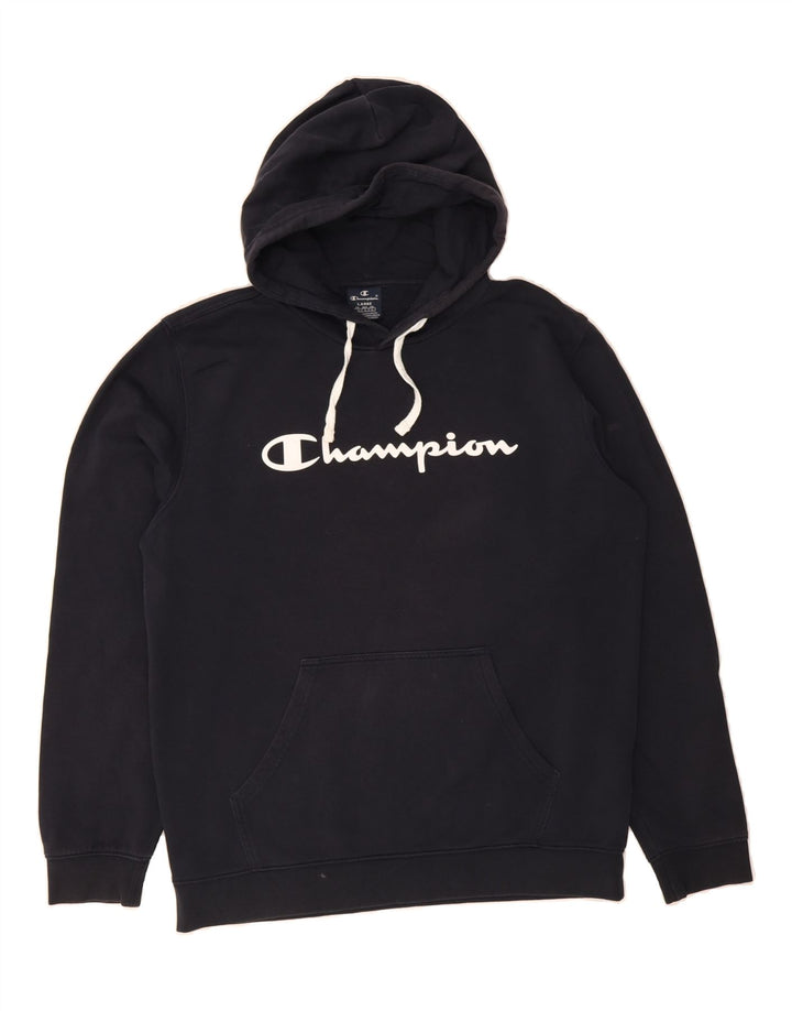 CHAMPION Mens Graphic Hoodie Jumper Large Navy Blue Cotton Vintage Champion and Second-Hand Champion from Messina Hembry 