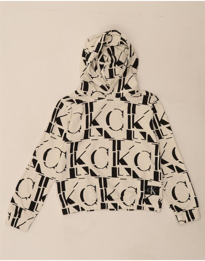 CALVIN KLEIN Girls Graphic Hoodie Jumper 11-12 Years White Cotton Vintage Calvin Klein and Second-Hand Calvin Klein from Messina Hembry 