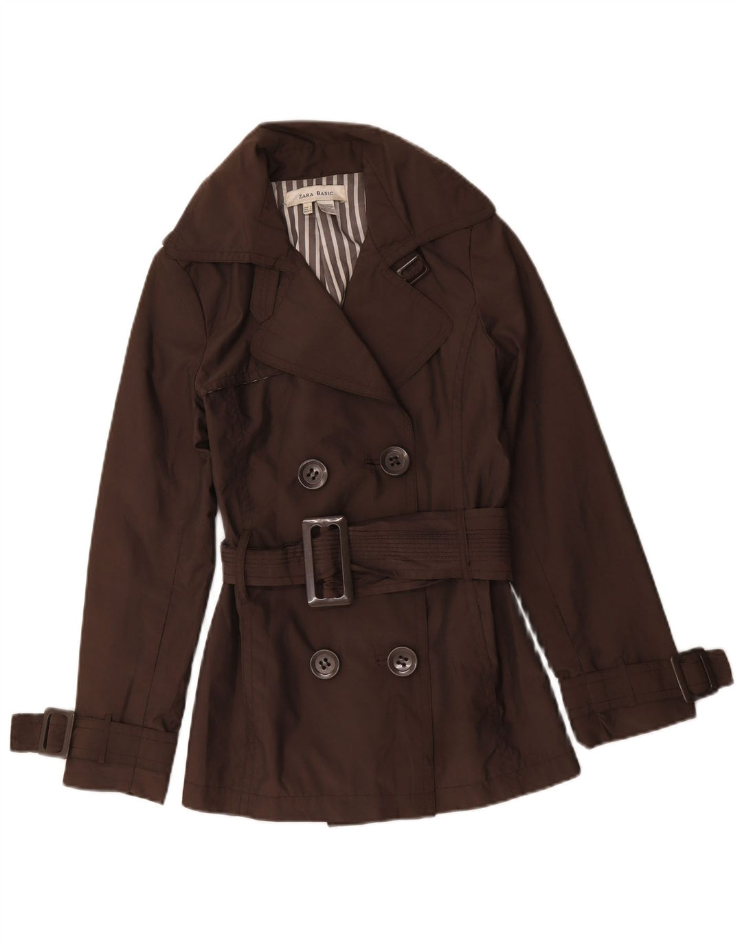 Casaco trench feminino Zara com peito duplo Reino Unido 10 pequeno marrom nylon
