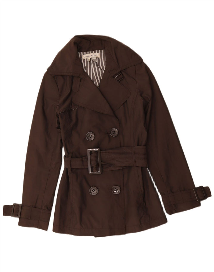 Casaco trench feminino Zara com peito duplo Reino Unido 10 pequeno marrom nylon
