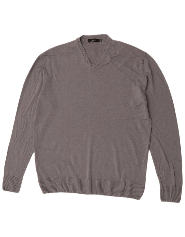 Zara Suéter masculino com decote em V XL lã cinza