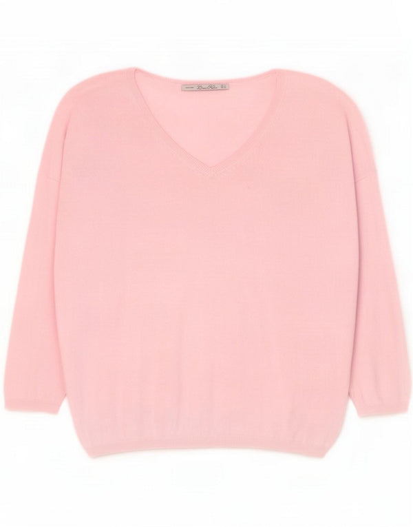 Zara Suéter feminino manga 3/4 com decote em V Reino Unido 14 algodão rosa médio